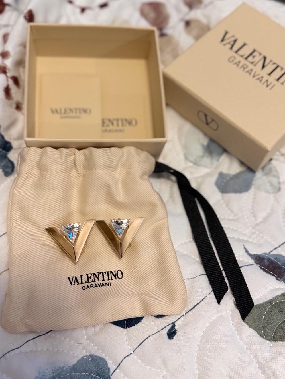 Valentino Garavani Gold V-Logo Stud Earrings with Clear Crystals